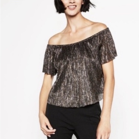 Nwt ZARA Basic Metallic Effect Size S Off-Shoulder Top Blouse Black Gold Silver - Picture 1 of 14